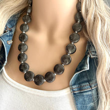 Load image into Gallery viewer, Glitter Infused Deep Gray Single Strand gunmetal Statement Necklace, bib chunky necklace layering necklace, gifts for women silver geometric