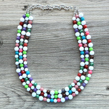 Load image into Gallery viewer, Glitter Berry Statement Necklace, chunky beaded jewelry, jewel tone color block beaded jewelry colorful rainbow set green blue pink white