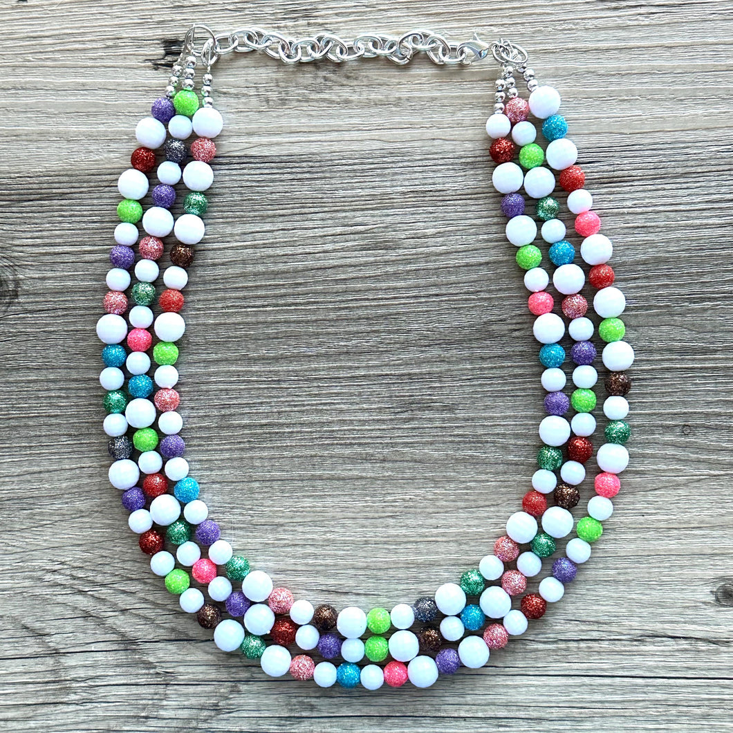 Glitter Berry Statement Necklace, chunky beaded jewelry, jewel tone color block beaded jewelry colorful rainbow set green blue pink white