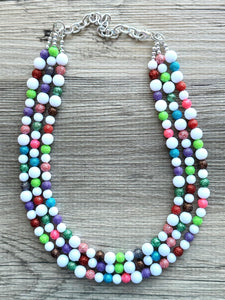 Glitter Berry Statement Necklace, chunky beaded jewelry, jewel tone color block beaded jewelry colorful rainbow set green blue pink white