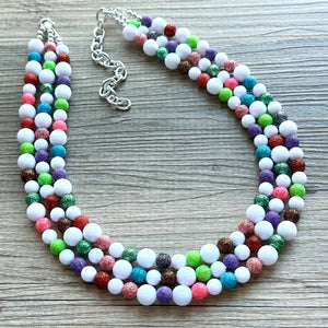 Glitter Berry Statement Necklace, chunky beaded jewelry, jewel tone color block beaded jewelry colorful rainbow set green blue pink white