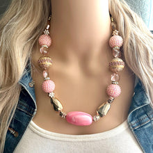 Load image into Gallery viewer, Pink &amp; Gold Chunky Statement Necklace, Pink and gold beaded jewelry, single Strand Bib Necklace, Beaded necklace, RoseGold blush light pink