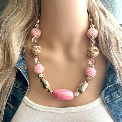 Pink & Gold Chunky Statement Necklace, Pink and gold beaded jewelry, single Strand Bib Necklace, Beaded necklace, RoseGold blush light pink