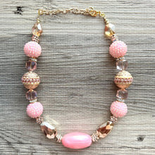 Load image into Gallery viewer, Pink &amp; Gold Chunky Statement Necklace, Pink and gold beaded jewelry, single Strand Bib Necklace, Beaded necklace, RoseGold blush light pink