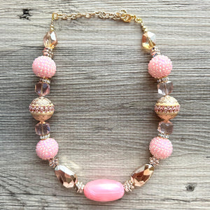 Pink & Gold Chunky Statement Necklace, Pink and gold beaded jewelry, single Strand Bib Necklace, Beaded necklace, RoseGold blush light pink