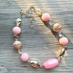 Pink & Gold Chunky Statement Necklace, Pink and gold beaded jewelry, single Strand Bib Necklace, Beaded necklace, RoseGold blush light pink