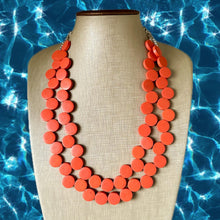 Load image into Gallery viewer, Crisp Harvest Statement Necklace, fall colors Hot Orange Necklace, 2 Strand Statement necklace, vintage wood chunky orange red neon