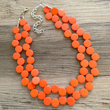 Load image into Gallery viewer, Crisp Harvest Statement Necklace, fall colors Hot Orange Necklace, 2 Strand Statement necklace, vintage wood chunky orange red neon