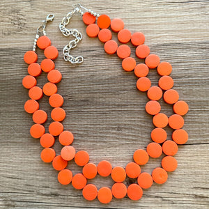 Crisp Harvest Statement Necklace, fall colors Hot Orange Necklace, 2 Strand Statement necklace, vintage wood chunky orange red neon