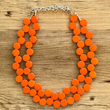 Load image into Gallery viewer, Crisp Harvest Statement Necklace, fall colors Hot Orange Necklace, 2 Strand Statement necklace, vintage wood chunky orange red neon