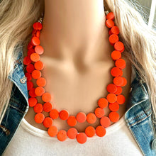 Load image into Gallery viewer, Crisp Harvest Statement Necklace, fall colors Hot Orange Necklace, 2 Strand Statement necklace, vintage wood chunky orange red neon