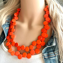 Load image into Gallery viewer, Crisp Harvest Statement Necklace, fall colors Hot Orange Necklace, 2 Strand Statement necklace, vintage wood chunky orange red neon