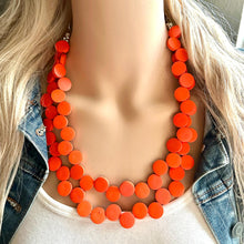 Load image into Gallery viewer, Crisp Harvest Statement Necklace, fall colors Hot Orange Necklace, 2 Strand Statement necklace, vintage wood chunky orange red neon