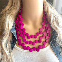 Load image into Gallery viewer, Pink Painted Wood Chunky Statement Necklace, layering jewelry beaded hot pink 3 strand purple, magenta geometric ball beaded bubblegum