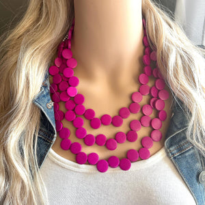 Pink Painted Wood Chunky Statement Necklace, layering jewelry beaded hot pink 3 strand purple, magenta geometric ball beaded bubblegum