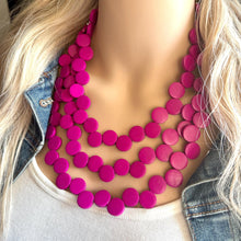 Load image into Gallery viewer, Pink Painted Wood Chunky Statement Necklace, layering jewelry beaded hot pink 3 strand purple, magenta geometric ball beaded bubblegum