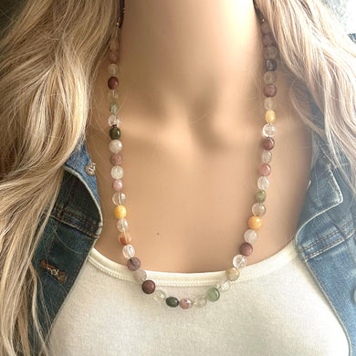 Natural Rutilated Quartz Beaded GemStone Necklace gold statement necklace jewelry, long beaded statement layering necklace clear yellow pink