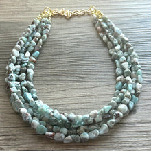 Load image into Gallery viewer, Genuine Natural Larimar Beaded Statement Necklace, Chunky 5 Strand Jewelry, blue turquoise necklace, thick collar beaded bib glass gemstone