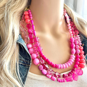 Girls Weekend Necklace, Beaded 3 Layer Necklace, bead statement necklace, blush hot pink beaded bib chunky heart magenta Valentine