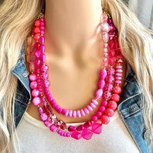 Load image into Gallery viewer, Girls Weekend Necklace, Beaded 3 Layer Necklace, bead statement necklace, blush hot pink beaded bib chunky heart magenta Valentine