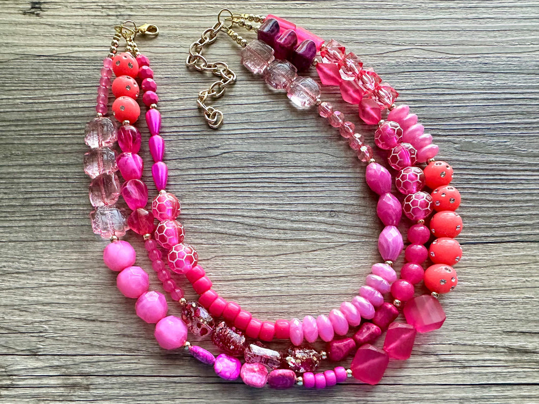 Girls Weekend Necklace, Beaded 3 Layer Necklace, bead statement necklace, blush hot pink beaded bib chunky heart magenta Valentine