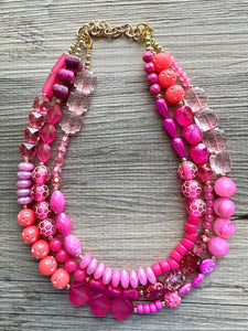 Girls Weekend Necklace, Beaded 3 Layer Necklace, bead statement necklace, blush hot pink beaded bib chunky heart magenta Valentine