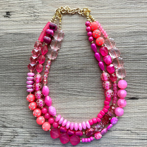 Girls Weekend Necklace, Beaded 3 Layer Necklace, bead statement necklace, blush hot pink beaded bib chunky heart magenta Valentine