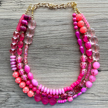 Load image into Gallery viewer, Girls Weekend Necklace, Beaded 3 Layer Necklace, bead statement necklace, blush hot pink beaded bib chunky heart magenta Valentine