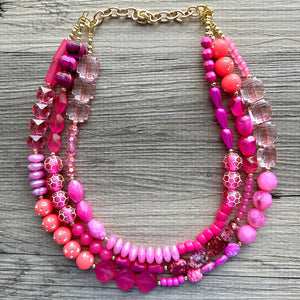 Girls Weekend Necklace, Beaded 3 Layer Necklace, bead statement necklace, blush hot pink beaded bib chunky heart magenta Valentine