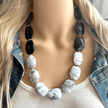 Load image into Gallery viewer, Black &amp; White bleached Statement Necklace, chunky beaded jewelry, neutral necklace, black and white necklace, beaded jewelry, black necklace