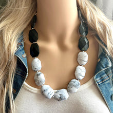 Load image into Gallery viewer, Black &amp; White bleached Statement Necklace, chunky beaded jewelry, neutral necklace, black and white necklace, beaded jewelry, black necklace