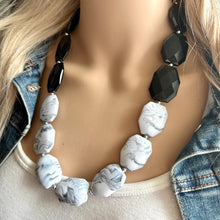 Load image into Gallery viewer, Black &amp; White bleached Statement Necklace, chunky beaded jewelry, neutral necklace, black and white necklace, beaded jewelry, black necklace