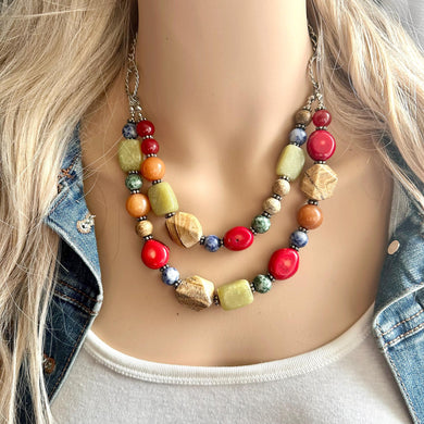 Colorful Vintage Beaded Necklace, rainbow Jewelry, Chunky statement necklace, big beaded 2 strand jewelry floral wood red blue green silver