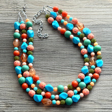 Load image into Gallery viewer, Tropical Seabreeze Painted Beaded Necklace, Colorful Jewelry Chunky statement necklace resin beaded, orange olive green turquoise blue