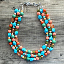 Load image into Gallery viewer, Tropical Seabreeze Painted Beaded Necklace, Colorful Jewelry Chunky statement necklace resin beaded, orange olive green turquoise blue