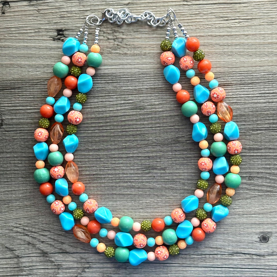 Tropical Seabreeze Painted Beaded Necklace, Colorful Jewelry Chunky statement necklace resin beaded, orange olive green turquoise blue