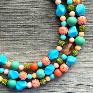 Tropical Seabreeze Painted Beaded Necklace, Colorful Jewelry Chunky statement necklace resin beaded, orange olive green turquoise blue