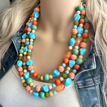 Load image into Gallery viewer, Tropical Seabreeze Painted Beaded Necklace, Colorful Jewelry Chunky statement necklace resin beaded, orange olive green turquoise blue