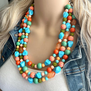 Tropical Seabreeze Painted Beaded Necklace, Colorful Jewelry Chunky statement necklace resin beaded, orange olive green turquoise blue