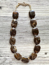 Load image into Gallery viewer, Mocha Fudge Swirl Statement Necklace, Chunky Beaded Necklace, brown beaded necklace, 1 single strand, dark deep OOAK jewelry layering