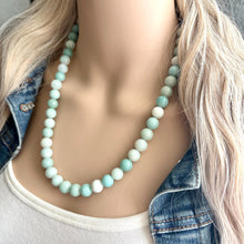 Load image into Gallery viewer, Genuine Green Amazonite Statement Necklace, Chunky 1 Strand Jewelry, silver necklace, thick collar beaded bib glass metal aqua mint gemstone