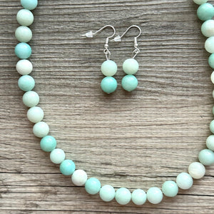 Genuine Green Amazonite Statement Necklace, Chunky 1 Strand Jewelry, silver necklace, thick collar beaded bib glass metal aqua mint gemstone