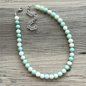 Genuine Green Amazonite Statement Necklace, Chunky 1 Strand Jewelry, silver necklace, thick collar beaded bib glass metal aqua mint gemstone