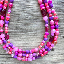 Load image into Gallery viewer, Pink &amp; purple Painted Chunky Statement Necklace, Big beaded jewelry, 3 Strand Statement Necklace, bib lavender necklace, pink earrings