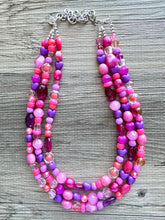 Load image into Gallery viewer, Pink &amp; purple Painted Chunky Statement Necklace, Big beaded jewelry, 3 Strand Statement Necklace, bib lavender necklace, pink earrings