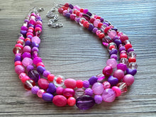 Load image into Gallery viewer, Pink &amp; purple Painted Chunky Statement Necklace, Big beaded jewelry, 3 Strand Statement Necklace, bib lavender necklace, pink earrings