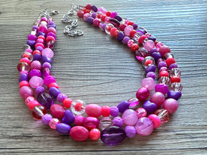 Pink & purple Painted Chunky Statement Necklace, Big beaded jewelry, 3 Strand Statement Necklace, bib lavender necklace, pink earrings