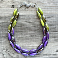 Load image into Gallery viewer, Metallic Mermaid Bubble Necklace, multi strand colorful jewelry, big beaded chunky statement necklace, purple jewel tone silver green