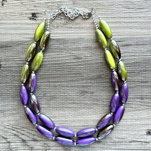 Metallic Mermaid Bubble Necklace, multi strand colorful jewelry, big beaded chunky statement necklace, purple jewel tone silver green