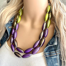 Load image into Gallery viewer, Metallic Mermaid Bubble Necklace, multi strand colorful jewelry, big beaded chunky statement necklace, purple jewel tone silver green